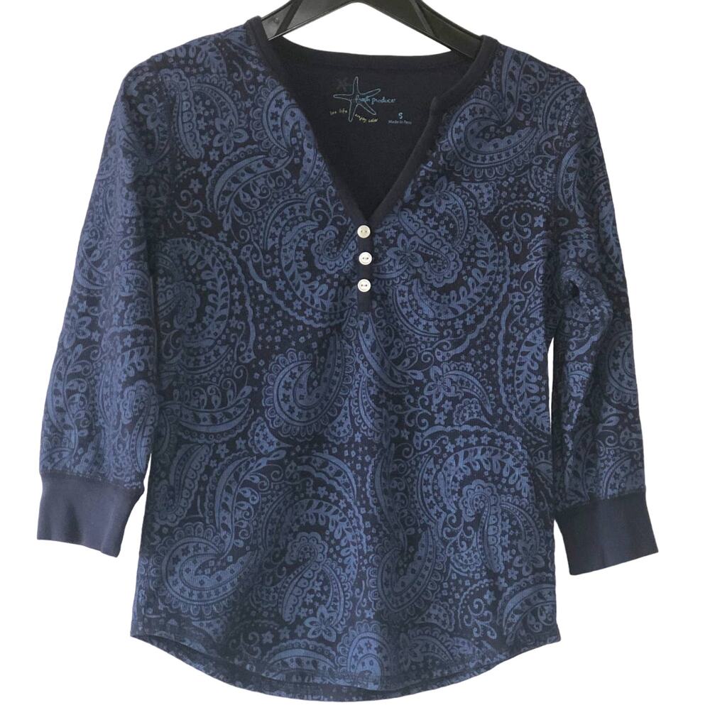 Fresh Produce Small Top V Neck Blue Cotton Button detail